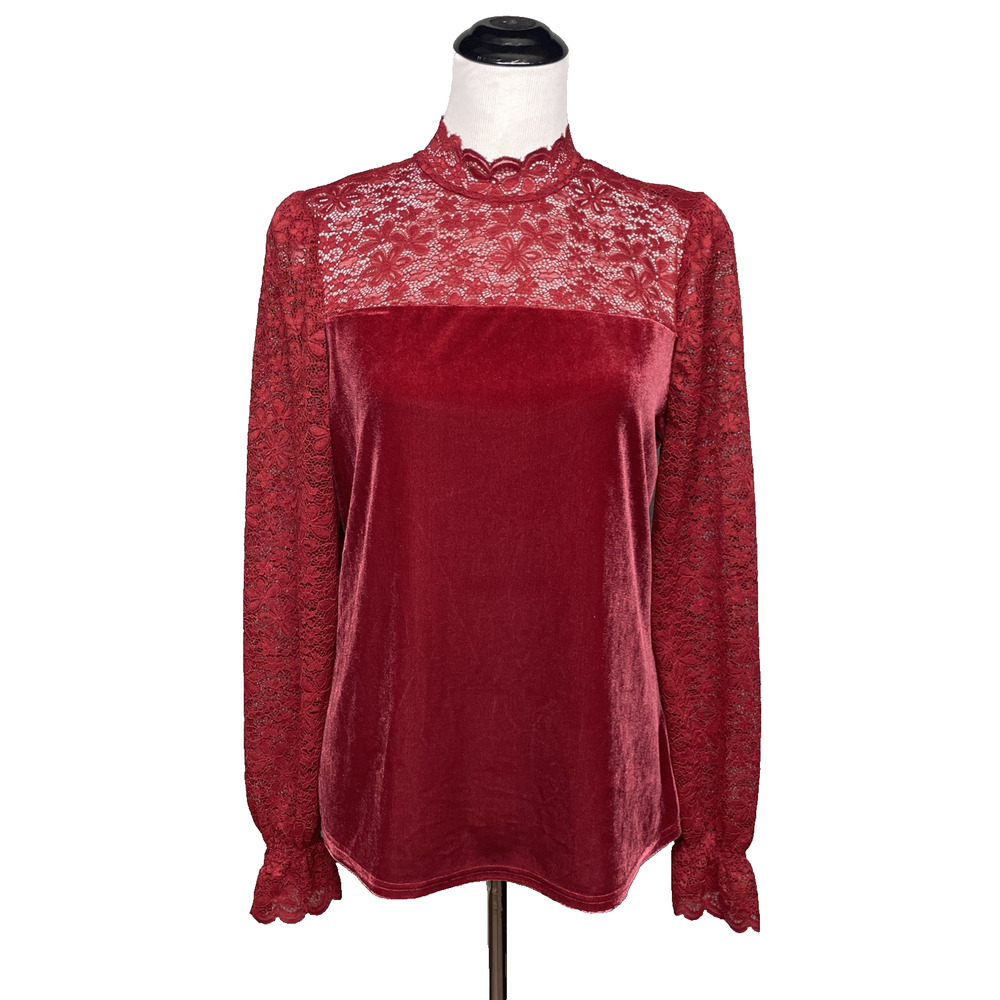 DG2 Diane Gilman Women M Red Velvet Lace Mock Neck Long Slv Top Holiday Romantic